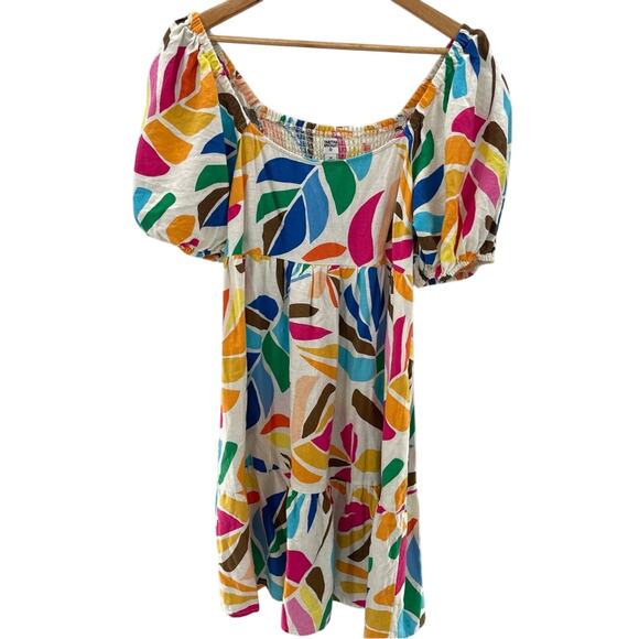 Tabitha Brown Linen Blend Botanical Smocked Puff Sleeve Tiered Dress Size Medium - Picture 2 of 14